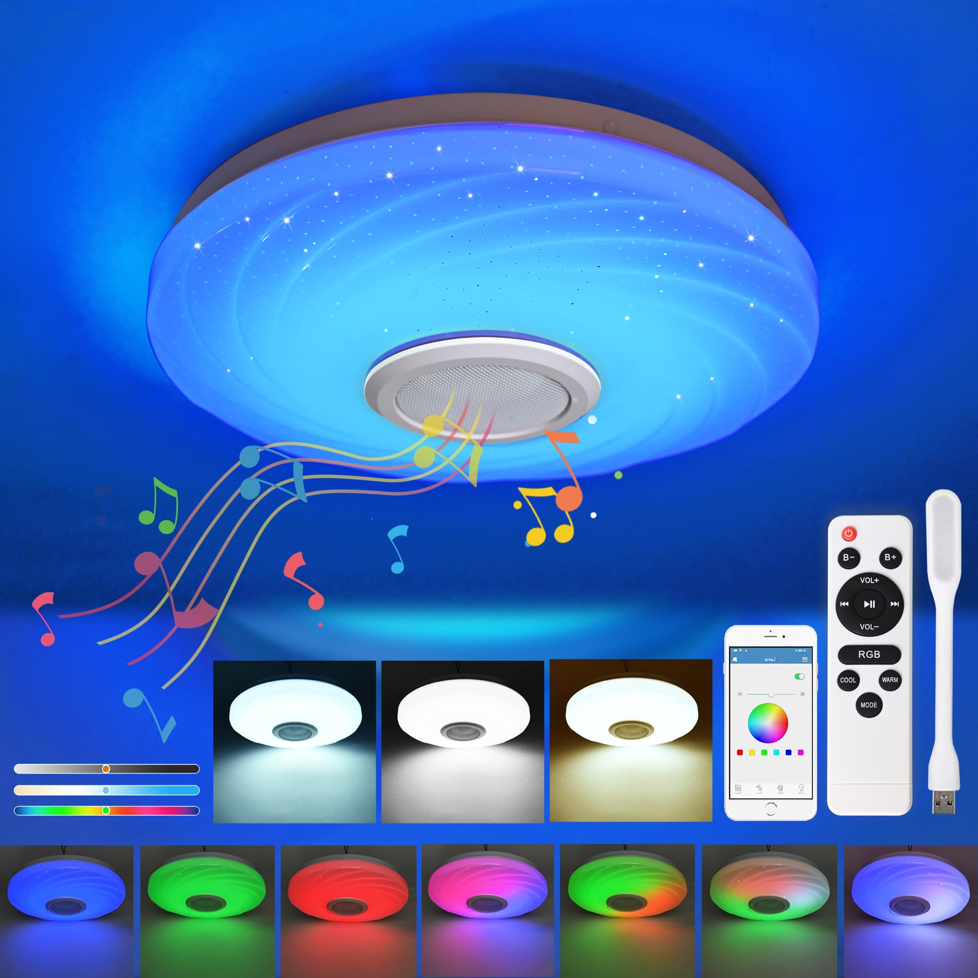 36W LED Deckenleuchte mit Bluetooth-Lautsprecher & Farbwechsel – Dimmbar für Jugendzimmer
