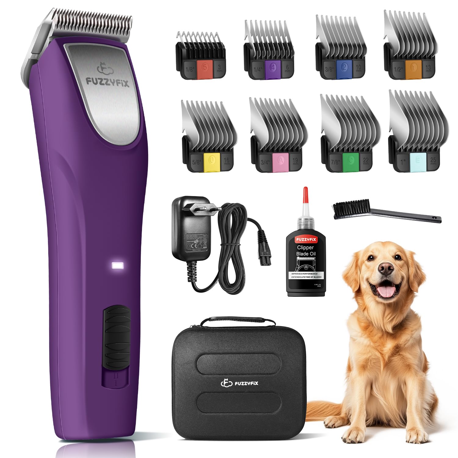 FuzzyFix Hundeschermaschine Pro mit #10 Klinge & 8 Metall-Aufsteckkämmen – Profi-Tierhaarschneider