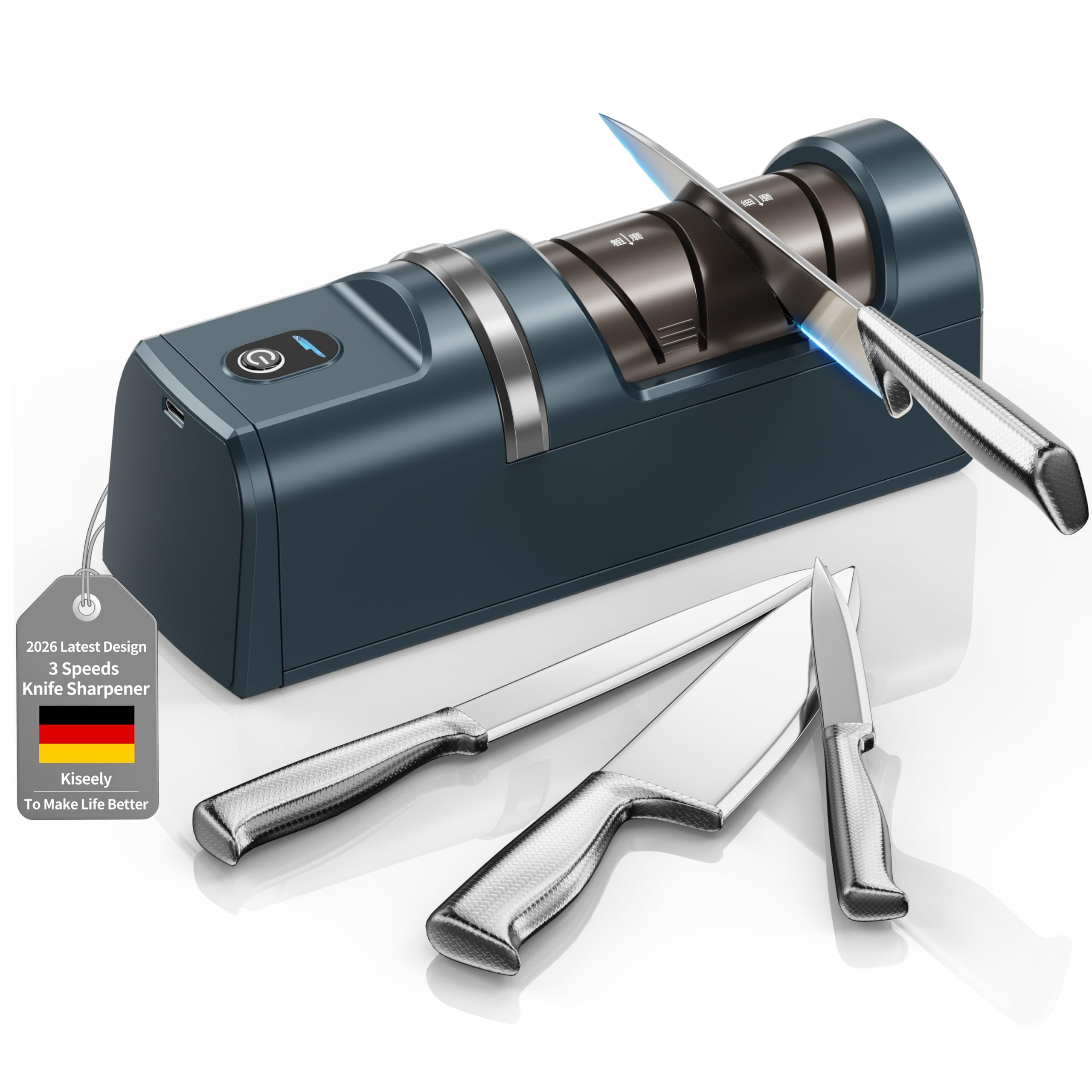 Kiseely Elektrischer Messerschärfer 5-in-1 mit 3-Geschwindigkeiten – Wiederaufladbar