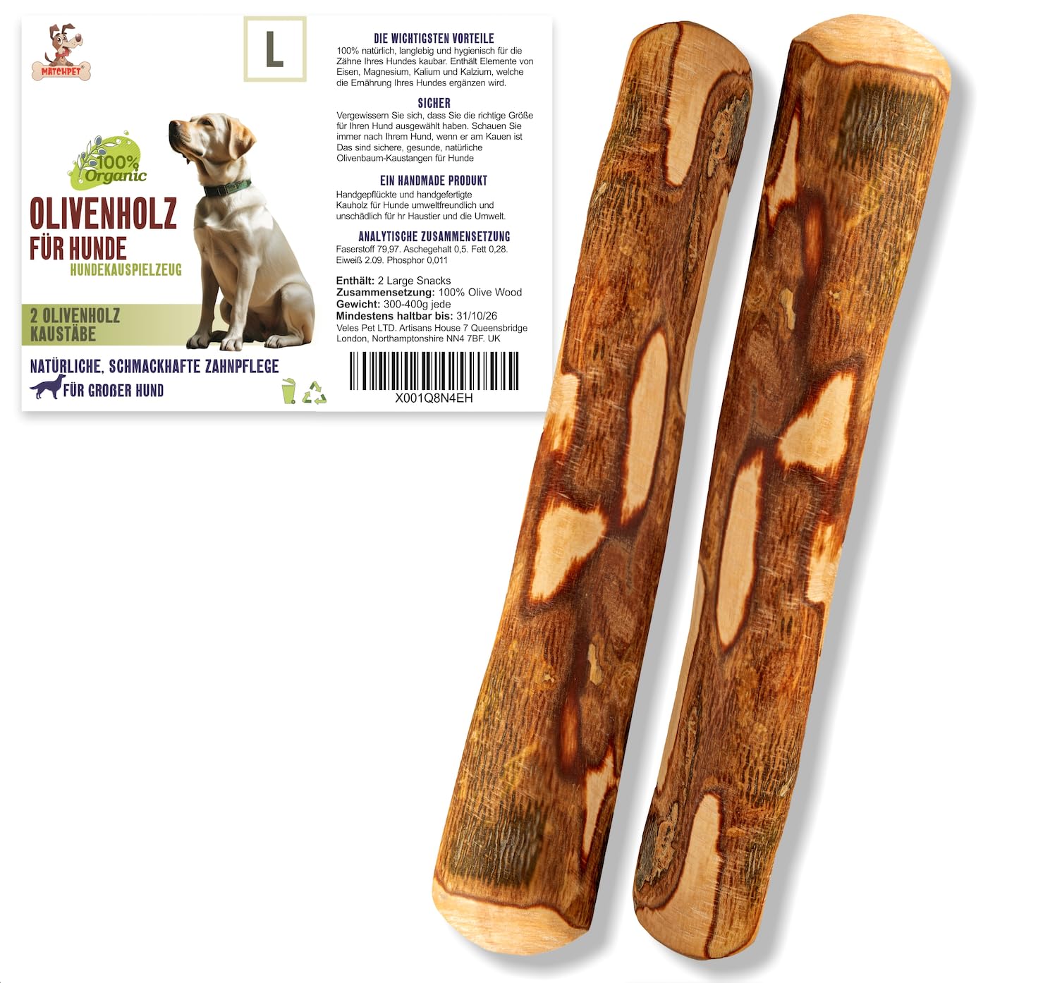 Matchpet Olivenholz Kauknochen L – Natürliches Kauspielzeug für grosse Hunde 26–35 kg