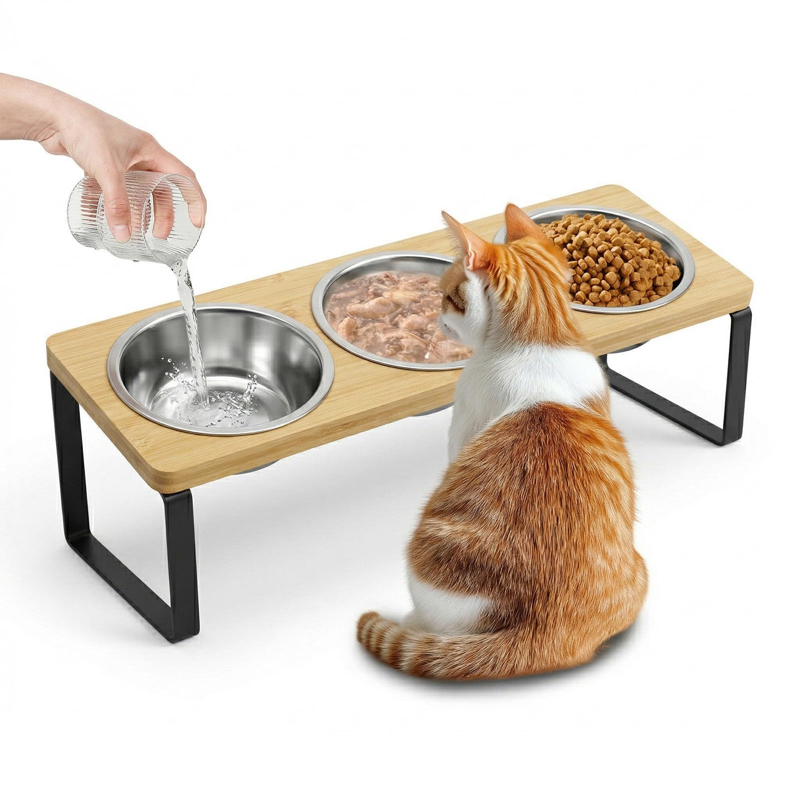 KoolYouth Katzennapf 3er Set mit 15° Holzständer – Ergonomische Futterstation für Katzen & kleine Hunde