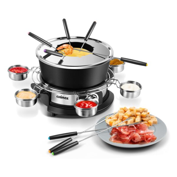 CUSIMAX Elektrisches Fondue-Set 1300W – 2L Antihaft-Topf mit 8 Gabeln & Zubehör
