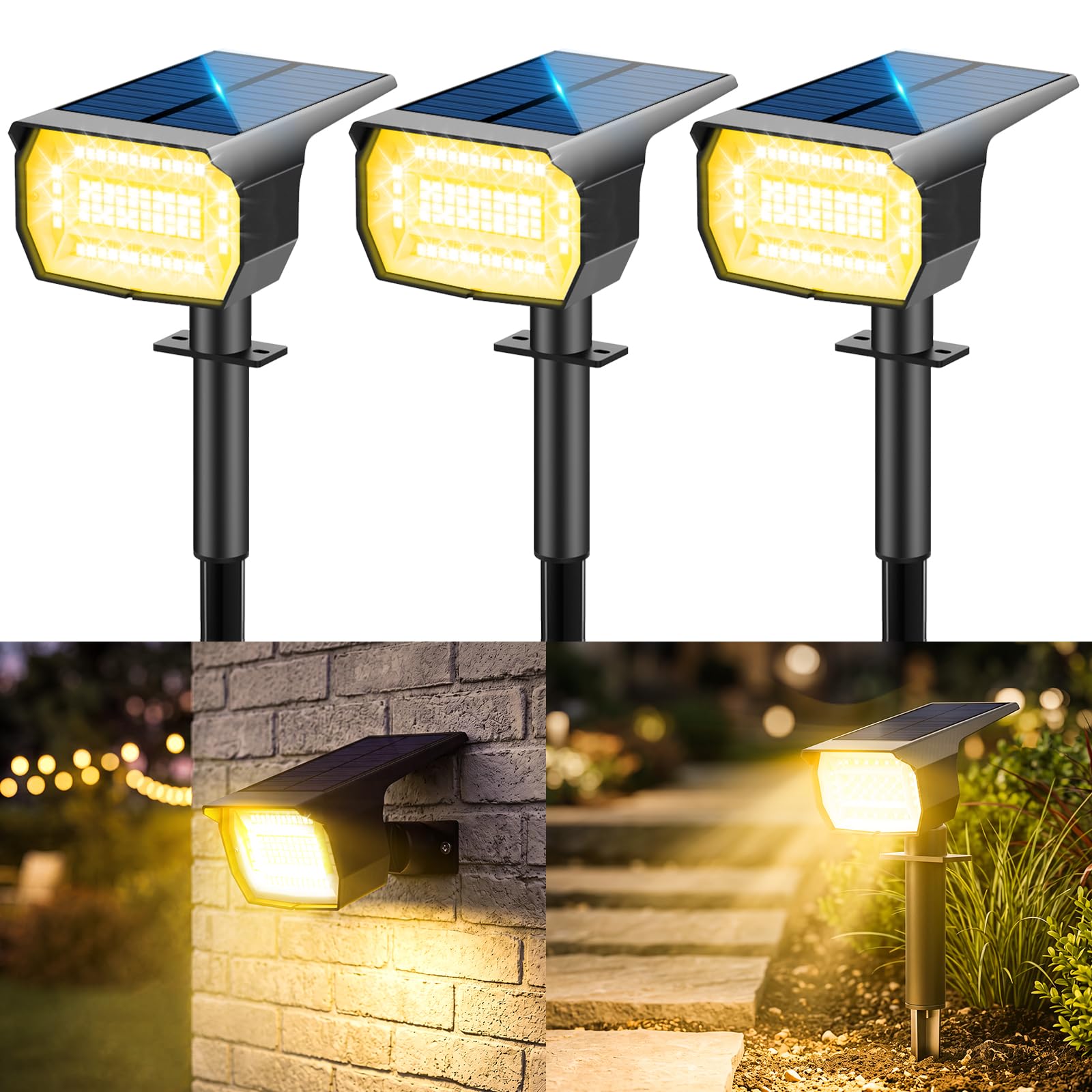 LOTMOS 3er Set Solarstrahler mit 72 LEDs – IP67 Aussenleuchte mit 3 Helligkeitsmodi für Garten