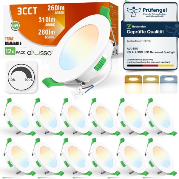 ALUSSO LED Einbaustrahler 68mm 12er Set – Dimmbar & 3 Farbtemperaturen für Badezimmer