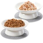 YIQOGAME Katzennapf-Set 2er erhöhte Keramiknäpfe mit Anti-Rutsch-Matte