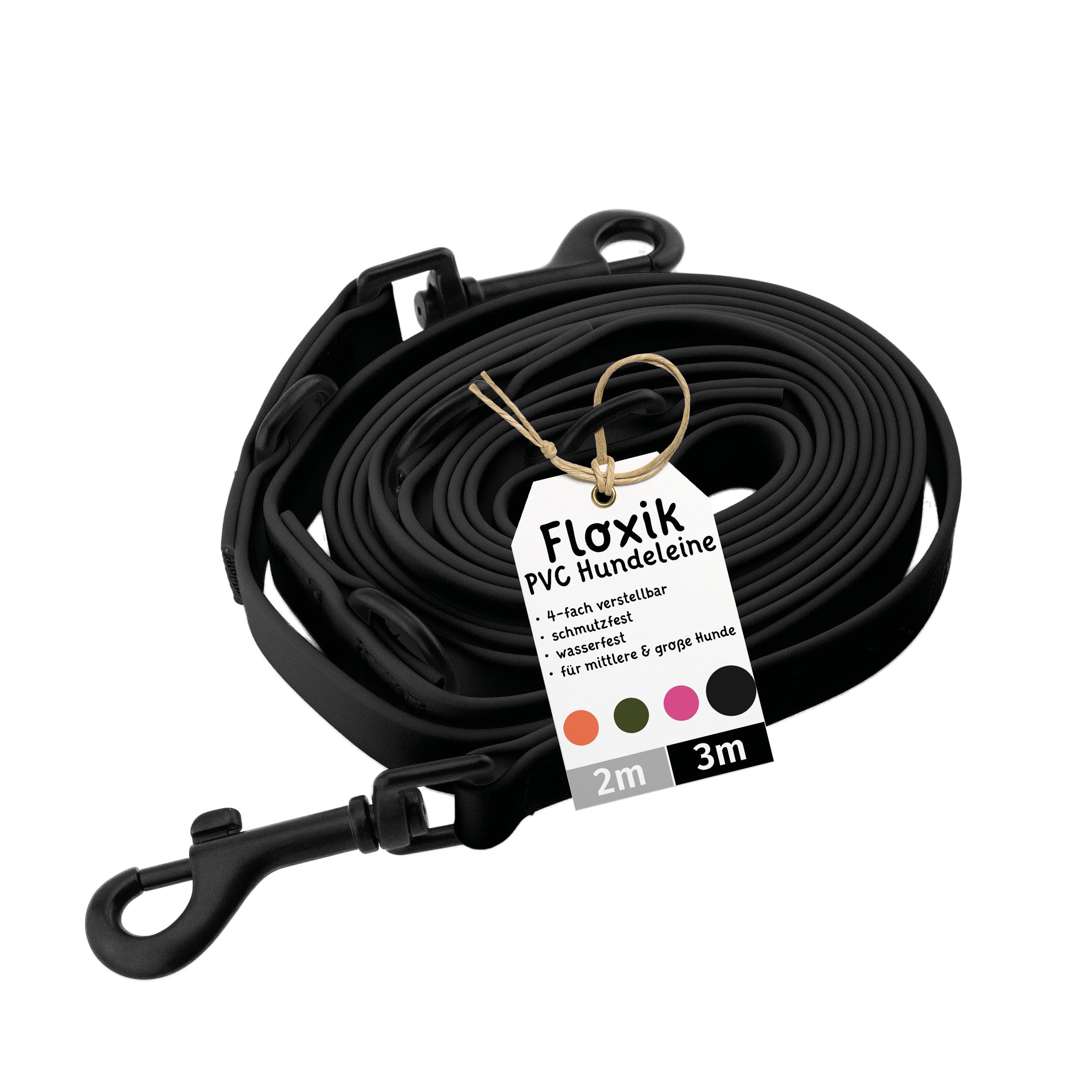 Floxik PVC Hundeleine 3m Schwarz – Verstellbare Führleine für mittlere & grosse Hunde