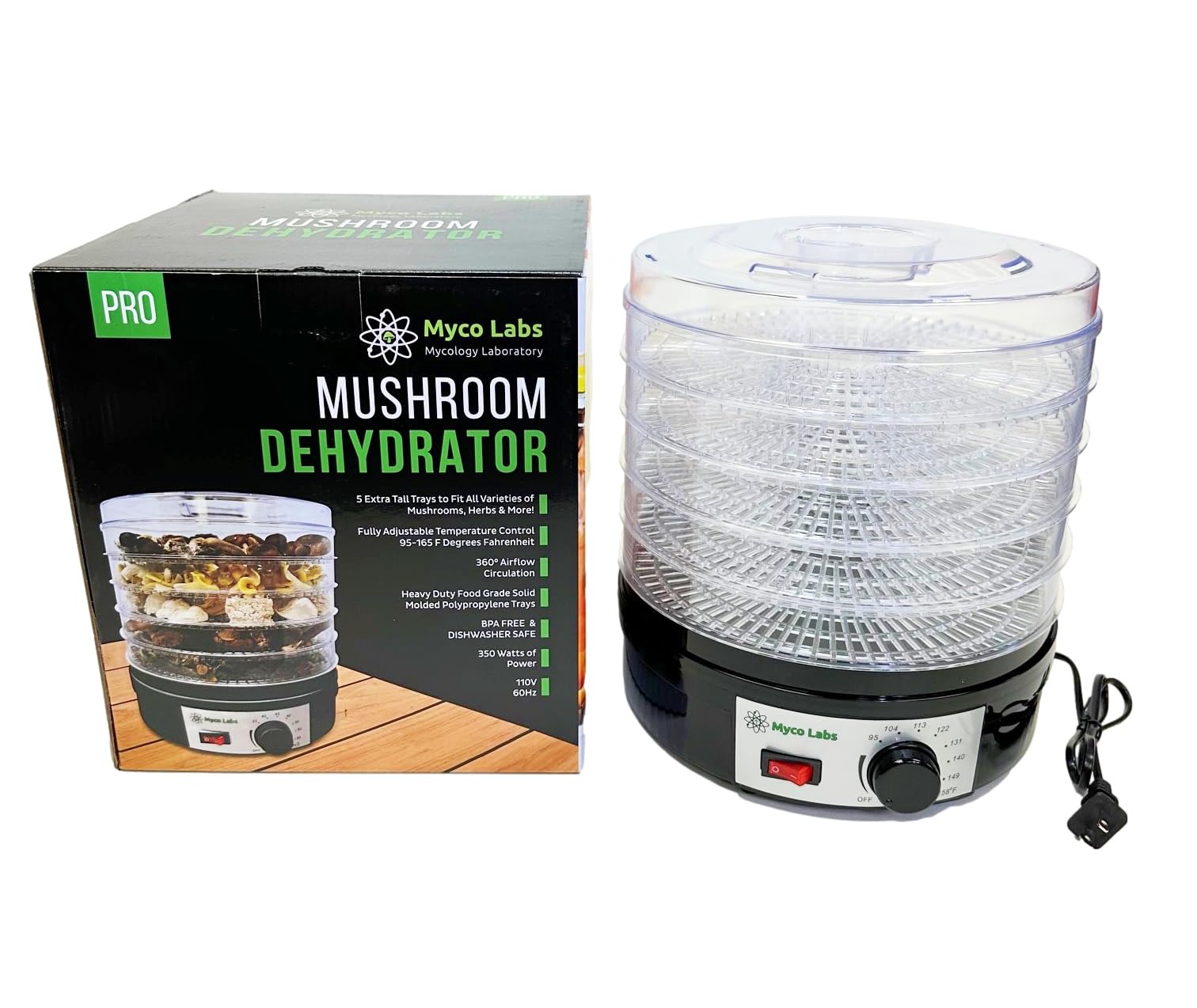 Myco Labs 350W Pilz-Dörrgerät mit Temperaturkontrolle & extra grossen Trays