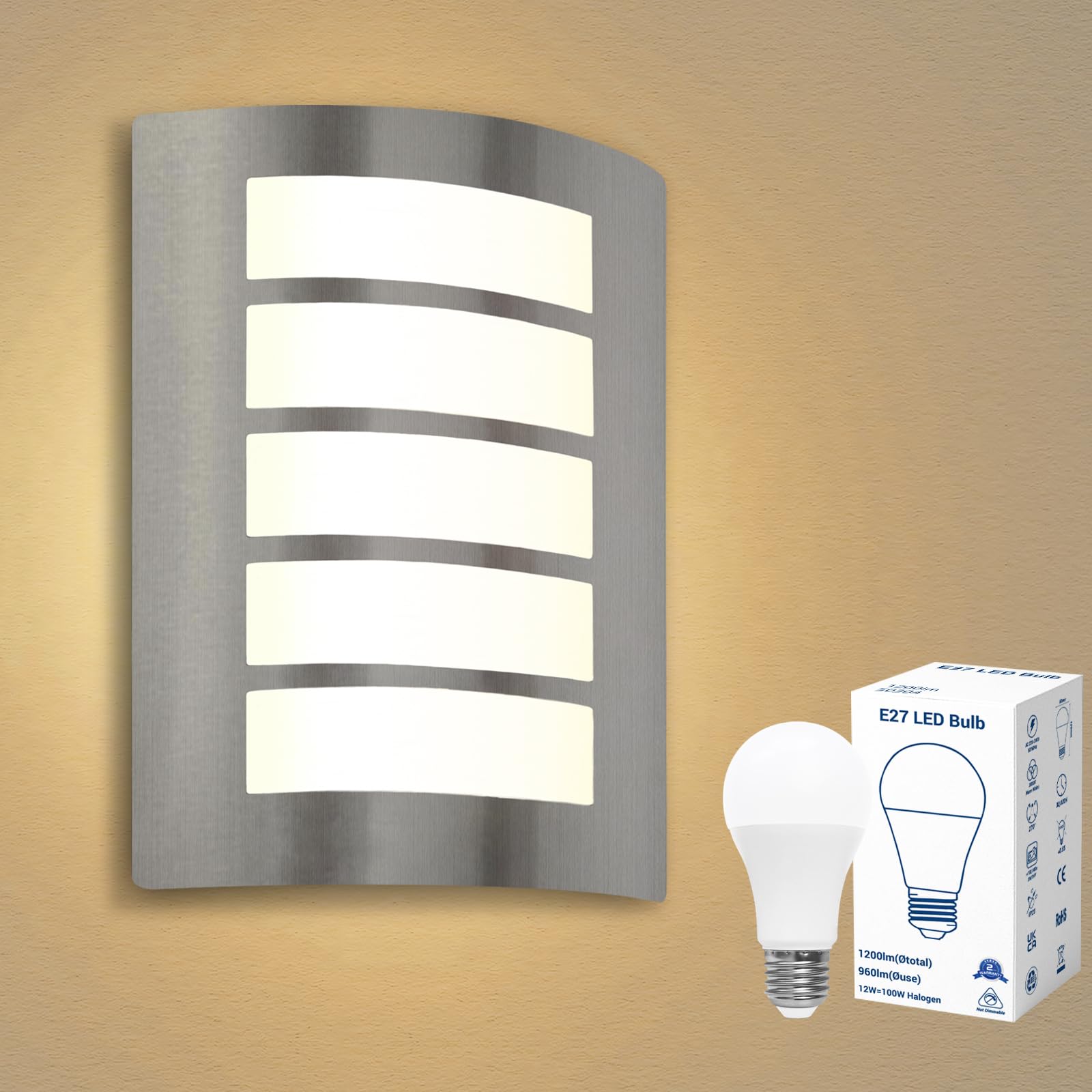 Wondlumi Wandleuchte E27 IP44 mit 12W LED Warmweiss – Edelstahl Aussenwandlampe für Balkon & Treppen