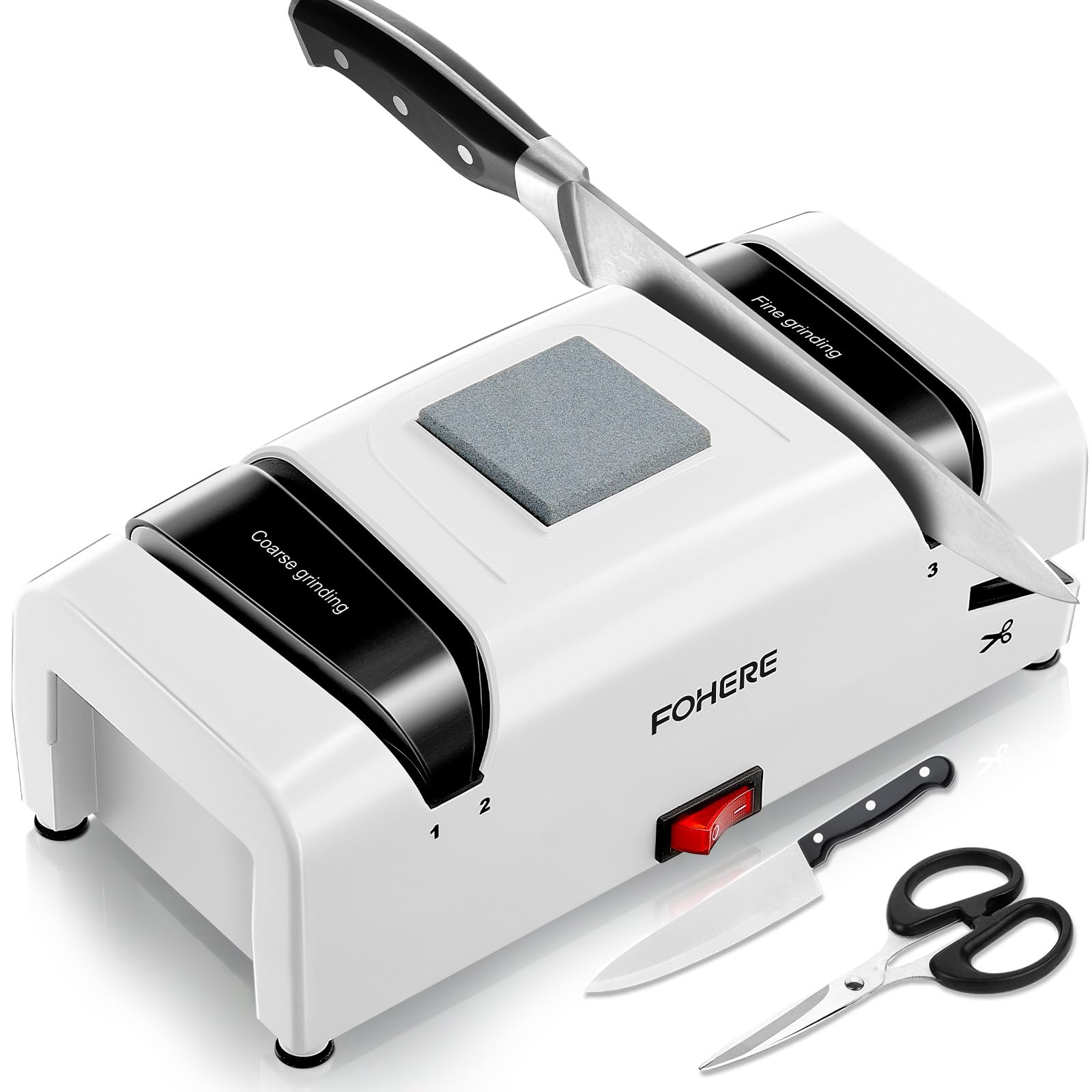FOHERE Elektrischer Messerschärfer 5 in 1 – Professionelle Schärfanlage mit Diamantschleifmitteln