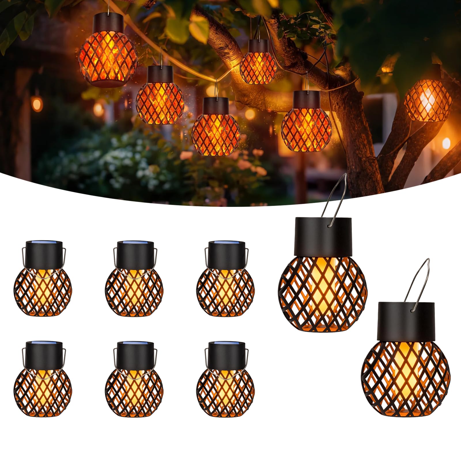 Hqynss 8er Solar-Hängeleuchten mit Flammeneffekt – IP65 Gartenleuchten für Aussen
