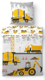 SkyBrands Kinder Bettwäsche 135x200 cm Baumwolle – Baustelle Wendebezug mit Reissverschluss