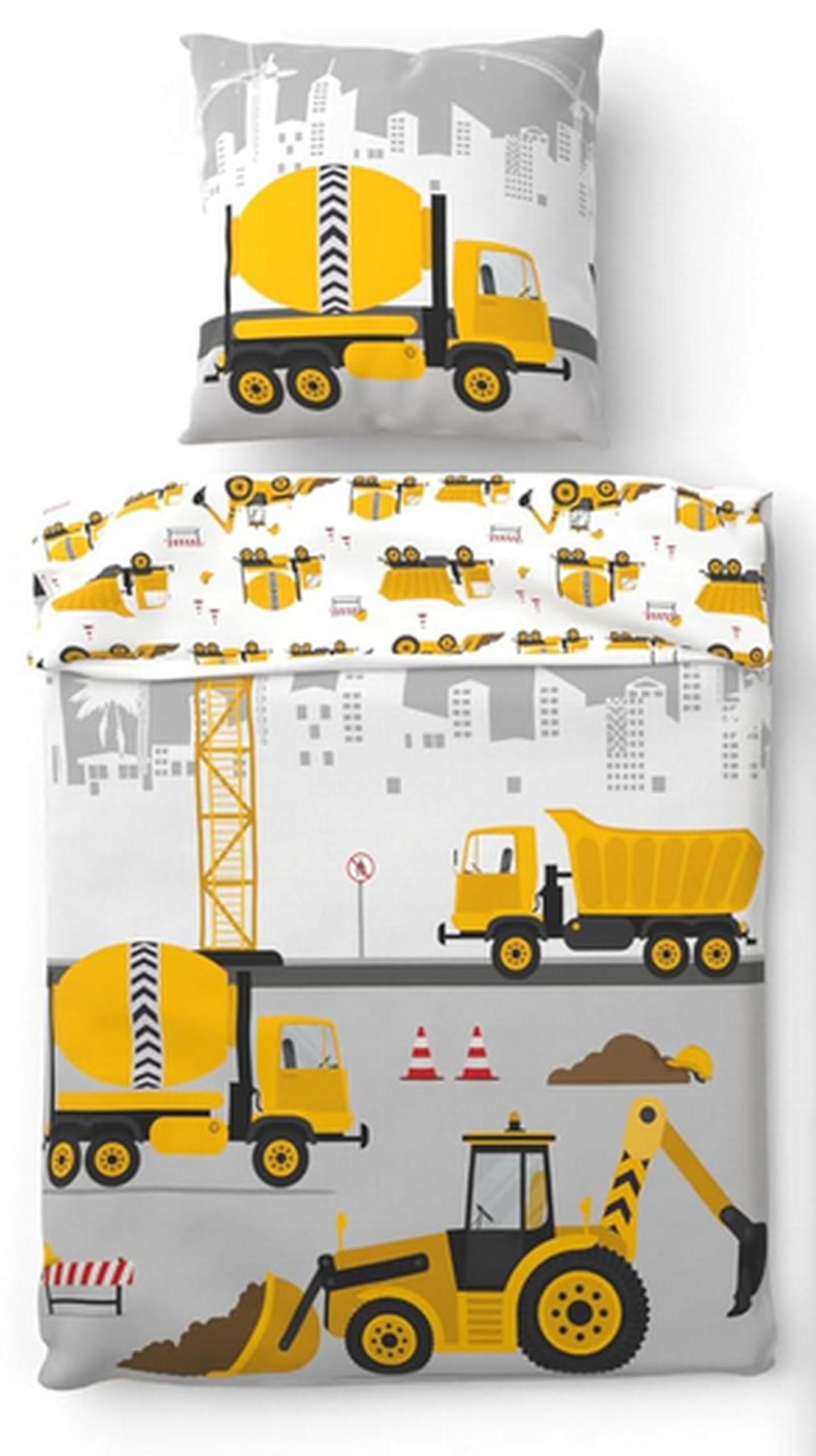 SkyBrands Kinder Bettwäsche 135x200 cm Baumwolle – Baustelle Wendebezug mit Reissverschluss