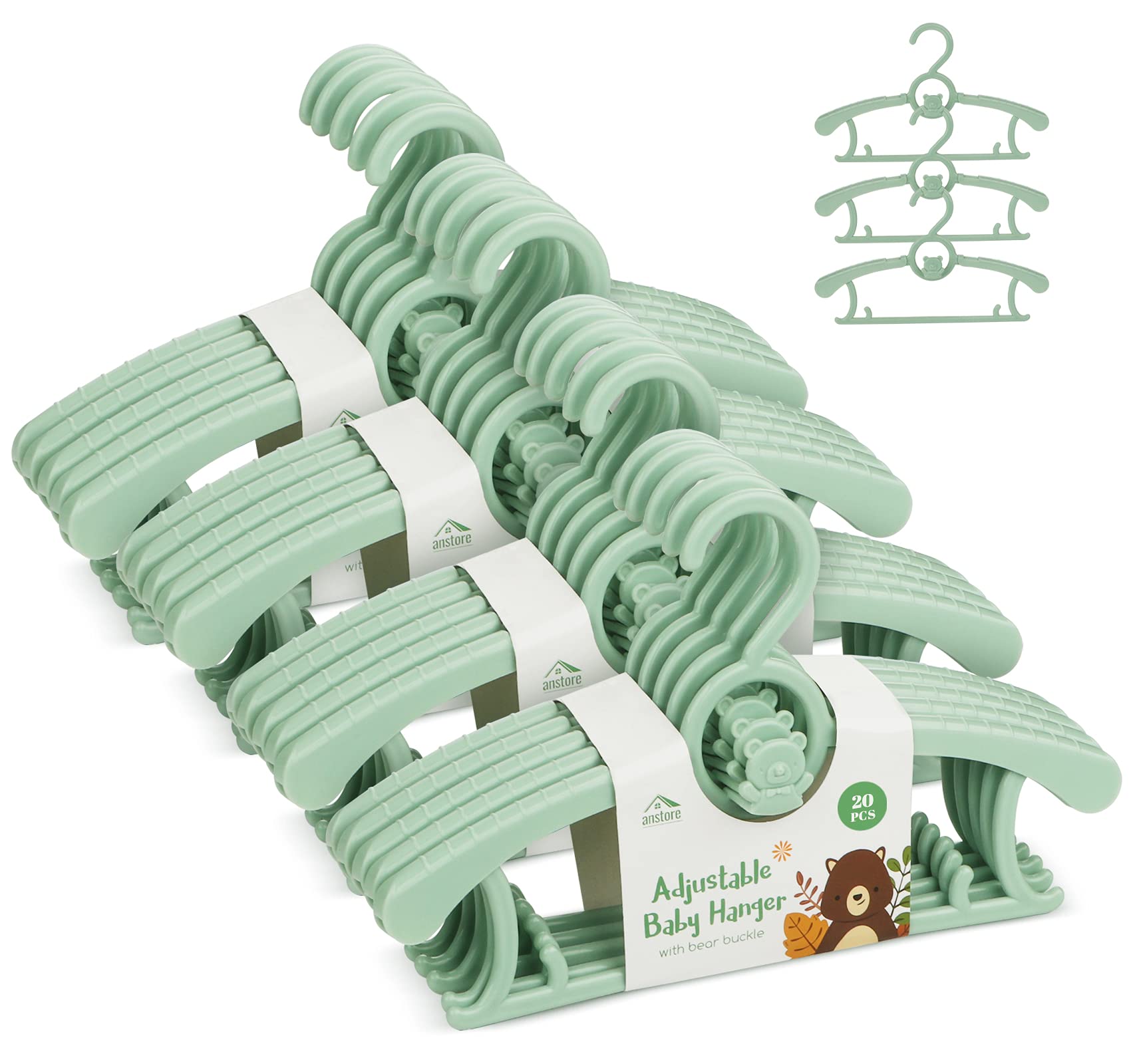 Anstore Mitwachsende Kinderkleiderbügel 20er Set – Verstellbar & Rutschfest in Grün