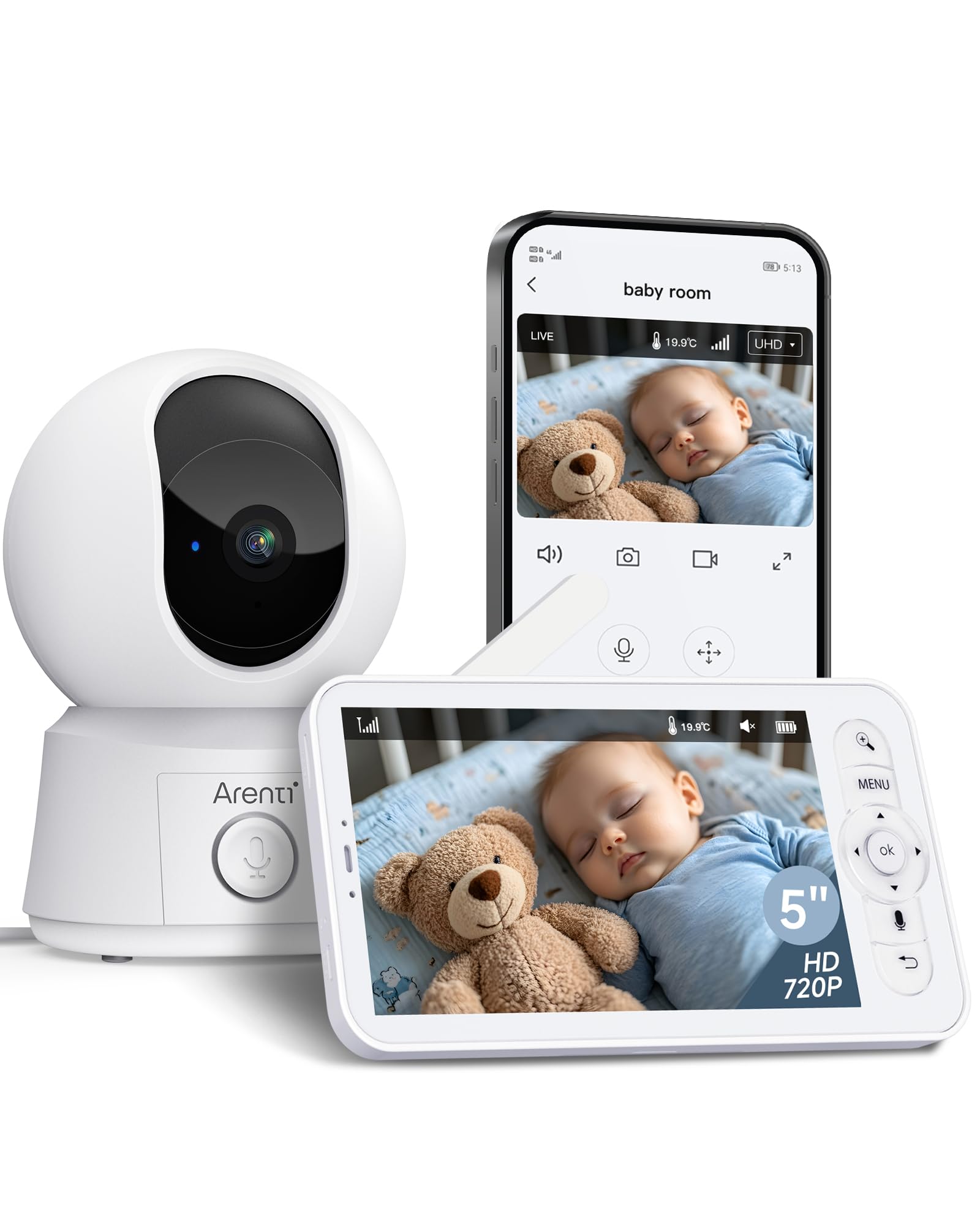 ARENTI Babyphone mit 5" Display & 1080P PTZ Kamera – App-Steuerung & Nachtsicht für Babys