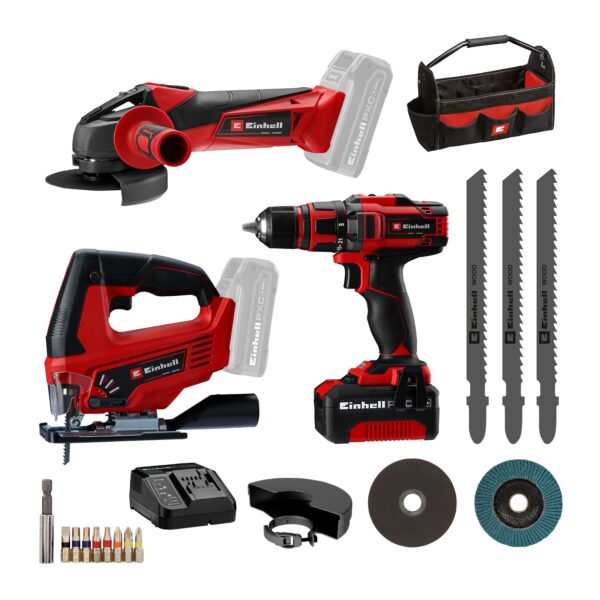 Einhell Power X-Change 18 V Werkzeug-Set – Bohrschrauber, Winkelschleifer & Stichsäge