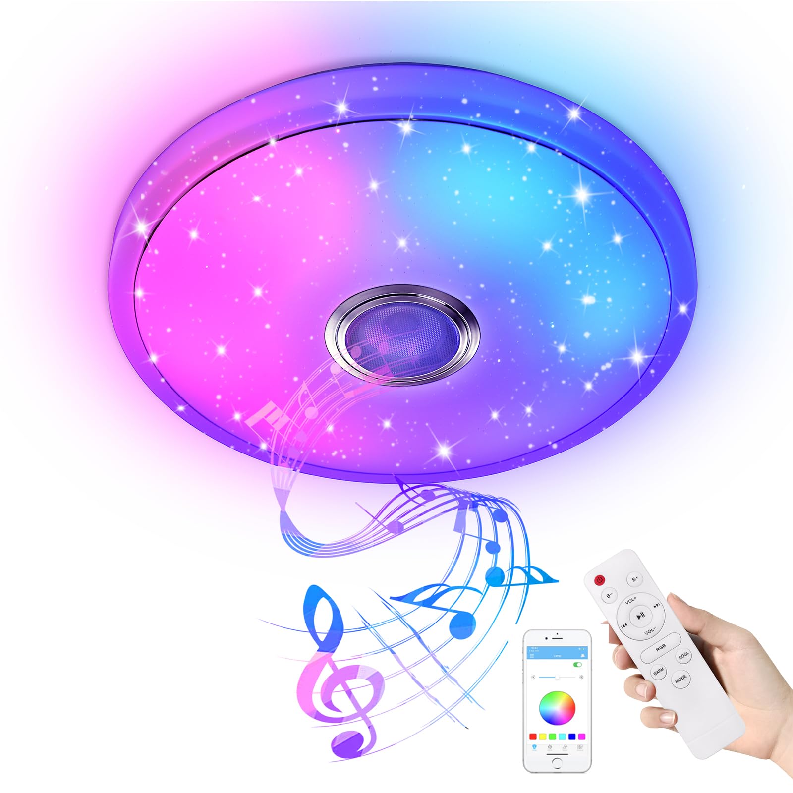 YRHome 36W LED Deckenleuchte mit Sternenhimmel, RGB Farbwechsel & Bluetooth Lautsprecher