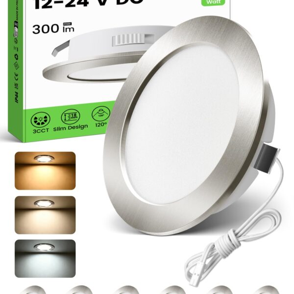 ALUSSO LED Einbaustrahler 12-24V, 4W, IP44 – 3 Farbtemperaturen, 6er Set Nickel