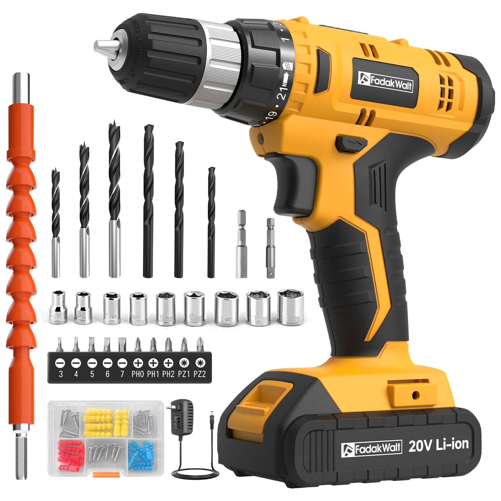 FADAKWALT 20V Akkuschrauber mit 30 Nm & 21+1 Drehmomentstufen – Profi-Set mit 60-tlg Zubehör