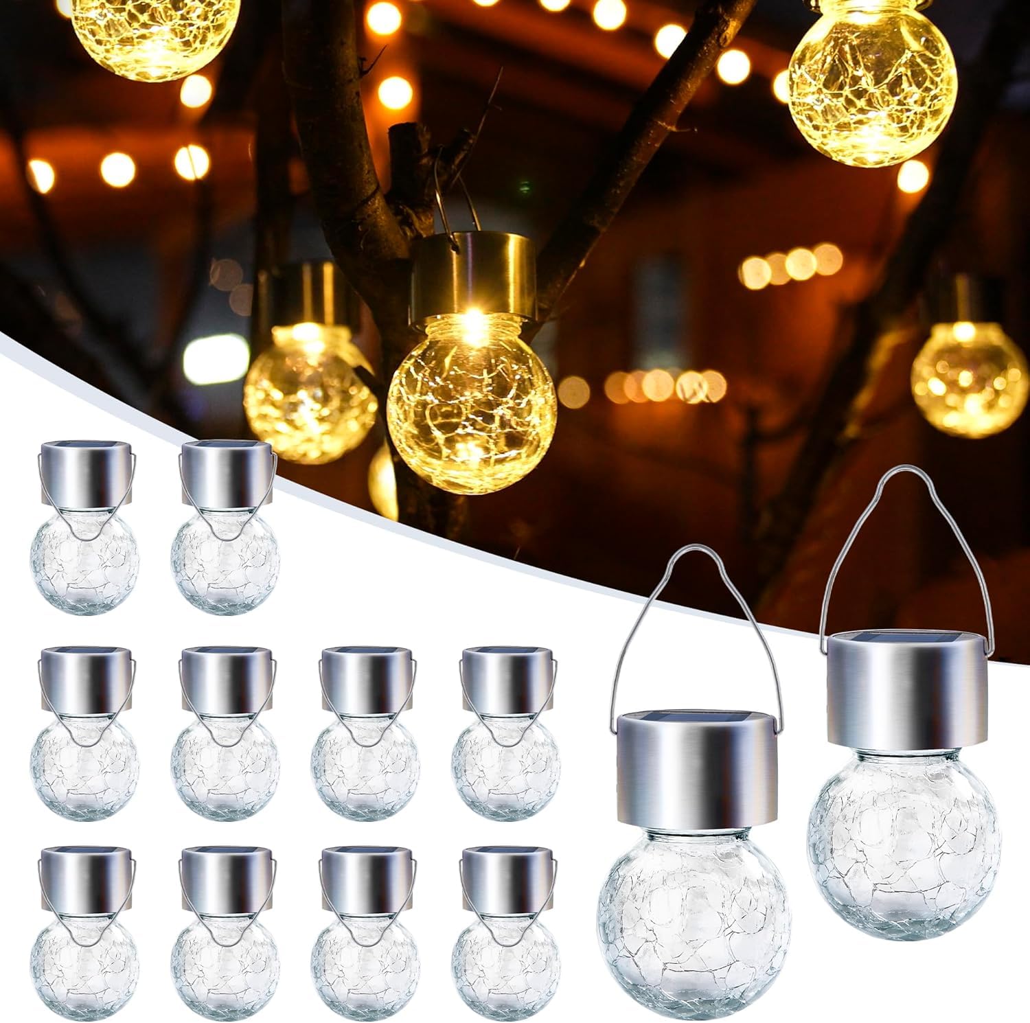 GIGALUMI 12er Set Solar-Hängeleuchten mit Craquelé-Glas – Warmweiss für Garten & Terrasse
