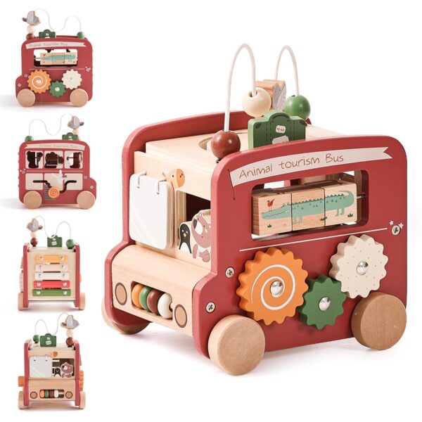 OESSUF Motorikwürfel 9-in-1 Bus – Montessori Holzspielzeug für Babys ab 1 Jahr