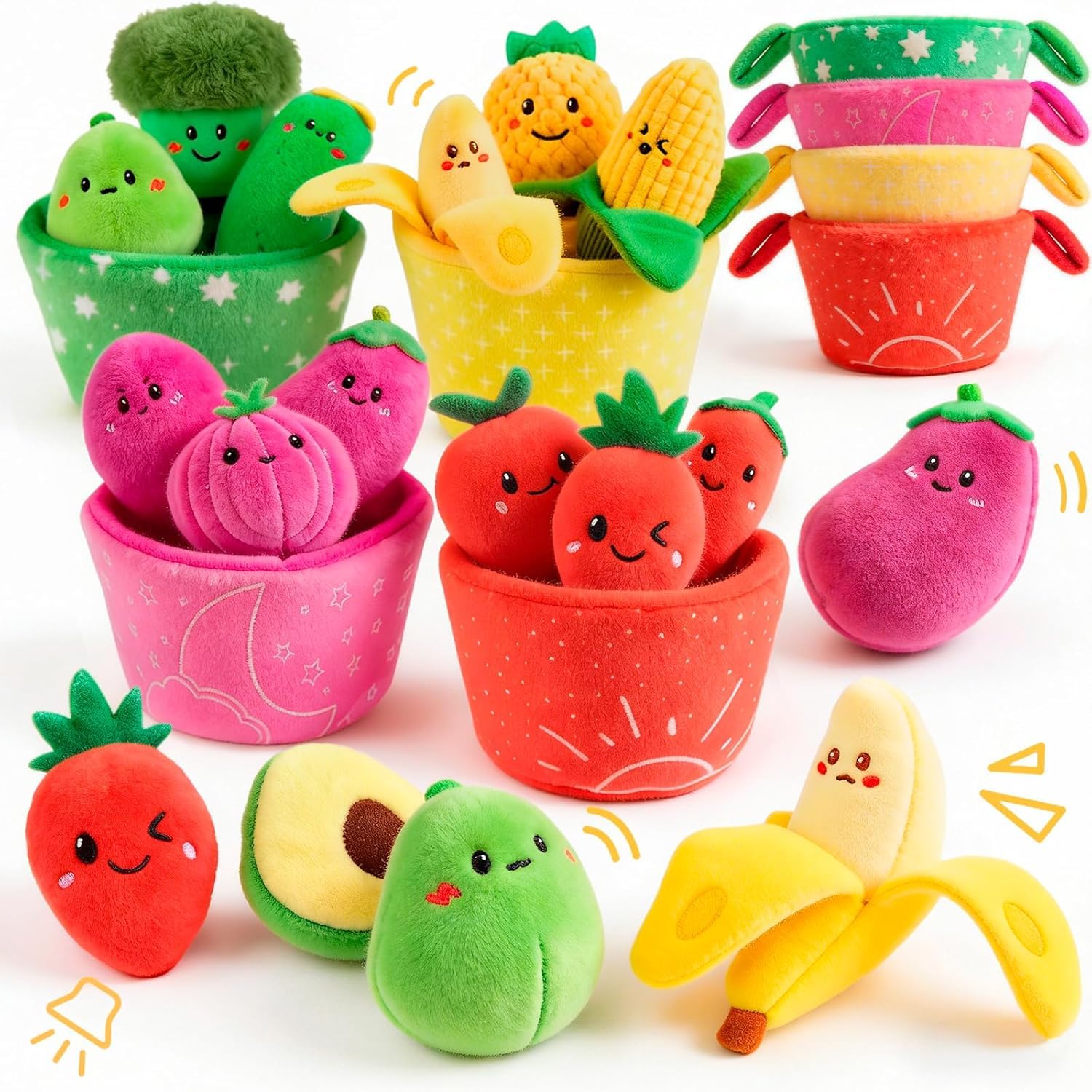 SAIMAND Baby Spielzeug 6–12 Monate: 16er Obst & Gemüse Plüsch-Set mit Rassel & Knisterpapier
