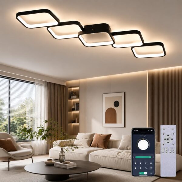 Aozhate LED Deckenleuchte 106cm 5-Ring Schwarz – Dimmbar mit App & Fernbedienung