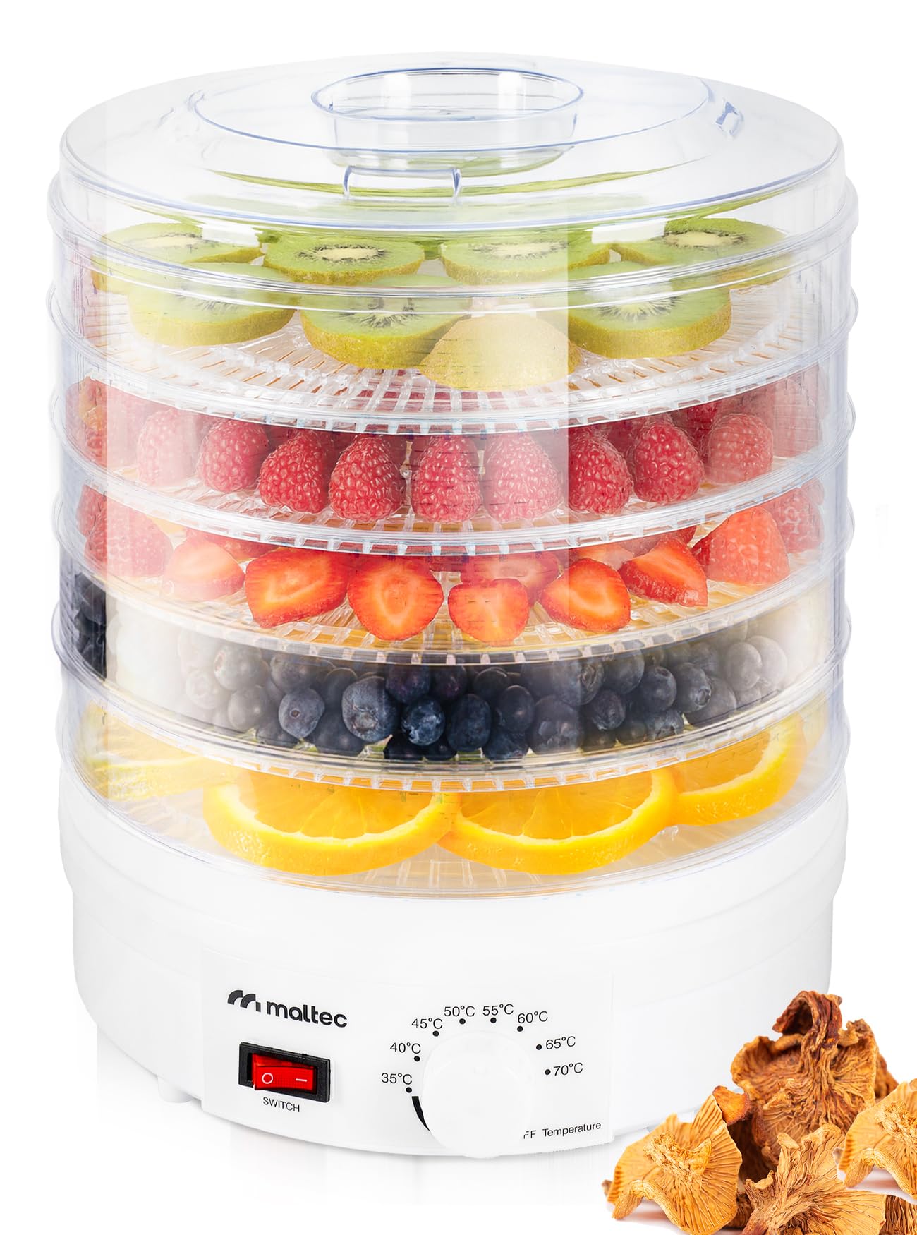 MalTec Lebensmitteltrockner 11,5l mit 5 Sieben – Dehydrator 35-70°C für Obst & Gemüse