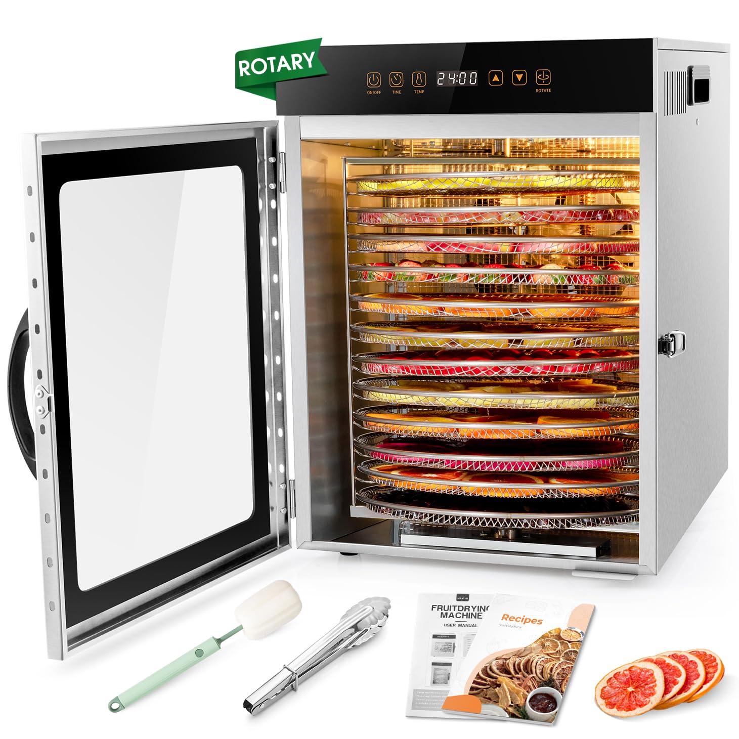 Kwasyo Dörrgerät 12 Etagen mit Doppelventilator & Rotationsplatten – Edelstahl Dörrautomat 1000W