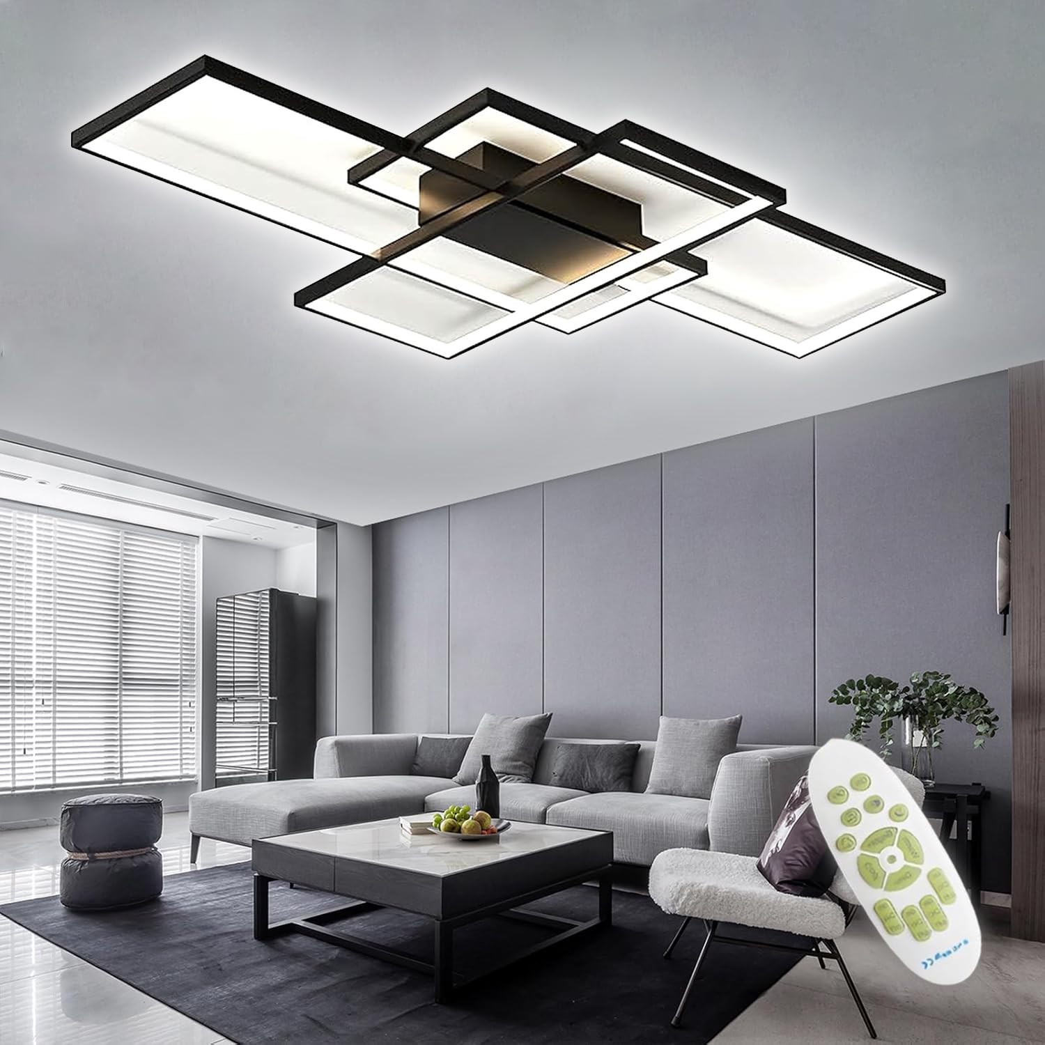 TYJY LED Deckenleuchte 80cm 60W Dimmbar Schwarz – Moderne Rechtecklampe mit Fernbedienung