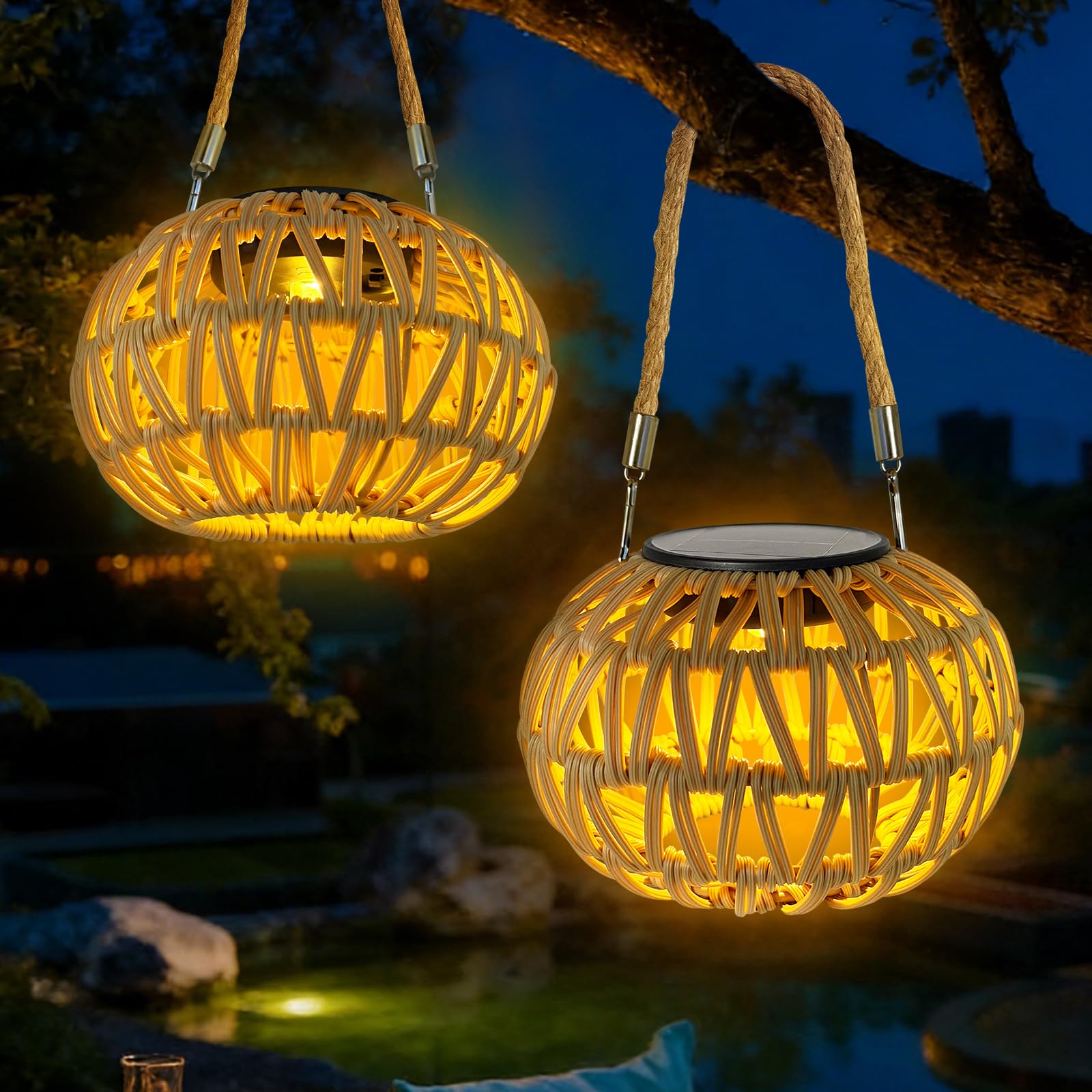 2er Set Solarleuchten Rattan mit IP65 – Handgeflochtene Gartenlaterne für Aussen
