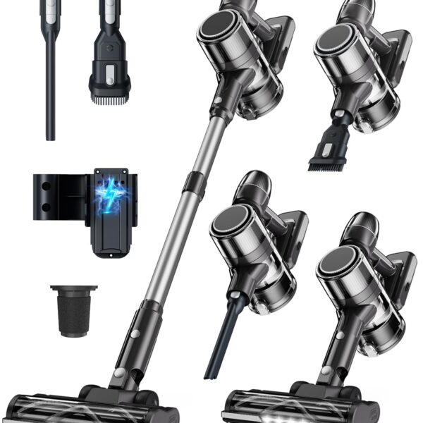 Syntecno Akku Staubsauger Kabellos 350W – 65 Min Laufzeit mit Ladestation für Tierhaare
