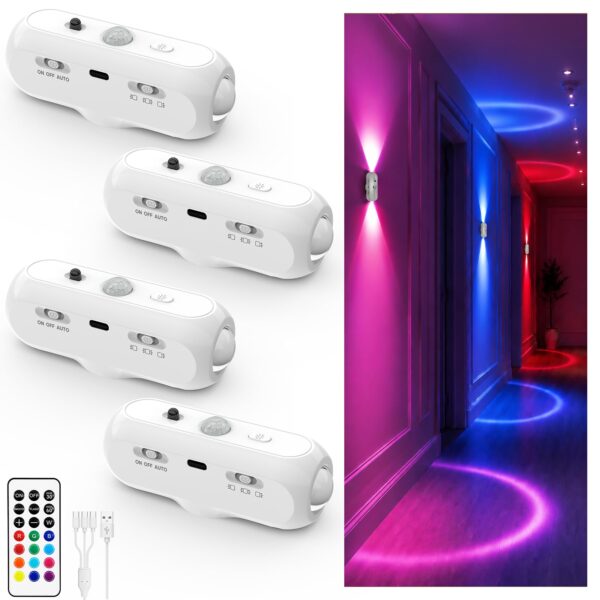 GOODEA Akku Wandleuchte mit Bewegungsmelder – 12 RGB Farben, 90 Tage Laufzeit, 4er Set