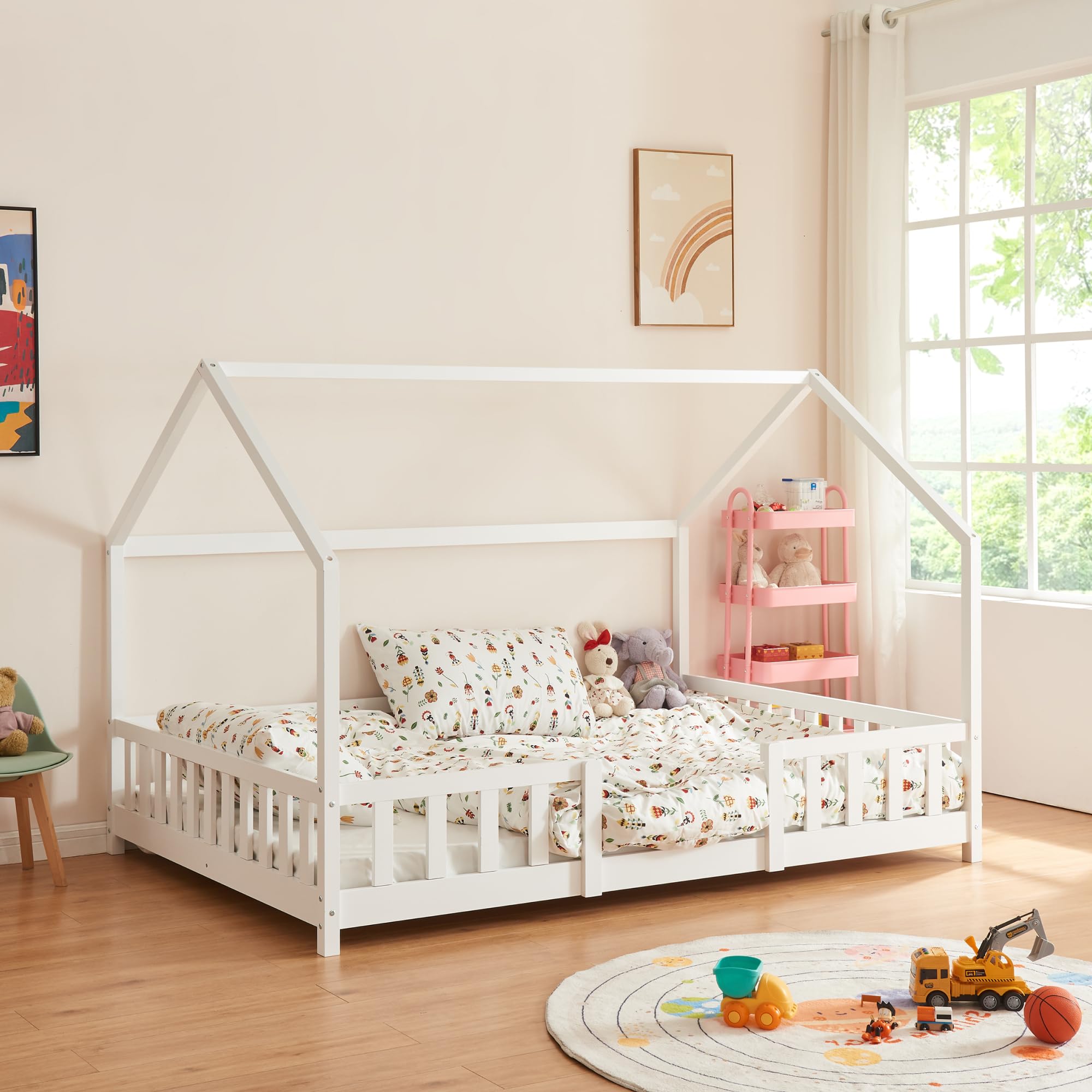 [en.casa] Montessori Hausbett Sisimiut 140x200 cm – Kinderbett mit Rausfallschutz & Lattenrost