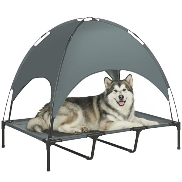 PawHut Erhöhtes Hundebett mit Baldachin 122x92x108 cm – Outdoor Hundeliege mit UV-Schutz