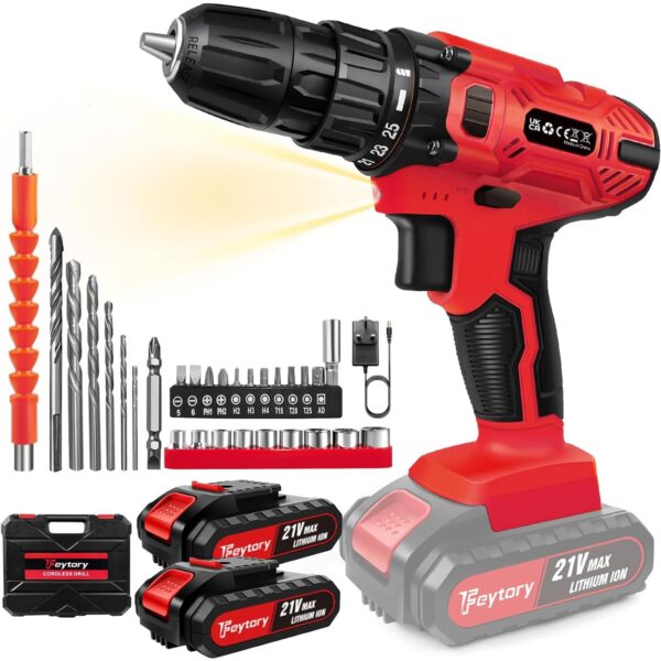 21V Akkubohrer-Set mit 2 Akkus & 29-teiligem Zubehör – 45Nm Drehmoment für Haus & Heimwerk