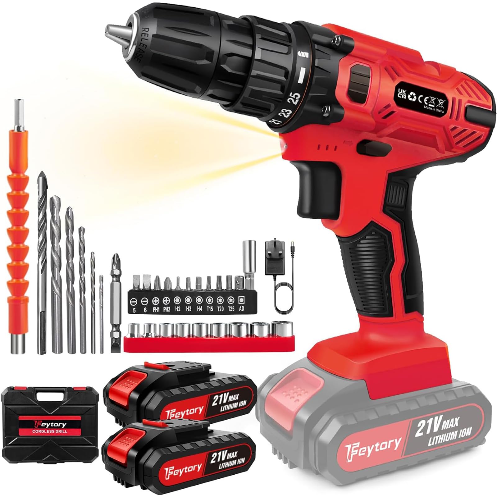 21V Akkubohrer-Set mit 2 Akkus & 29-teiligem Zubehör – 45Nm Drehmoment für Haus & Heimwerk