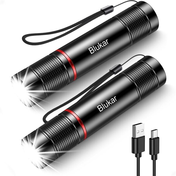 Blukar LED Taschenlampe Aufladbar 2er-Set – Superhelle Zoombar Torch mit 4 Modi für Outdoor