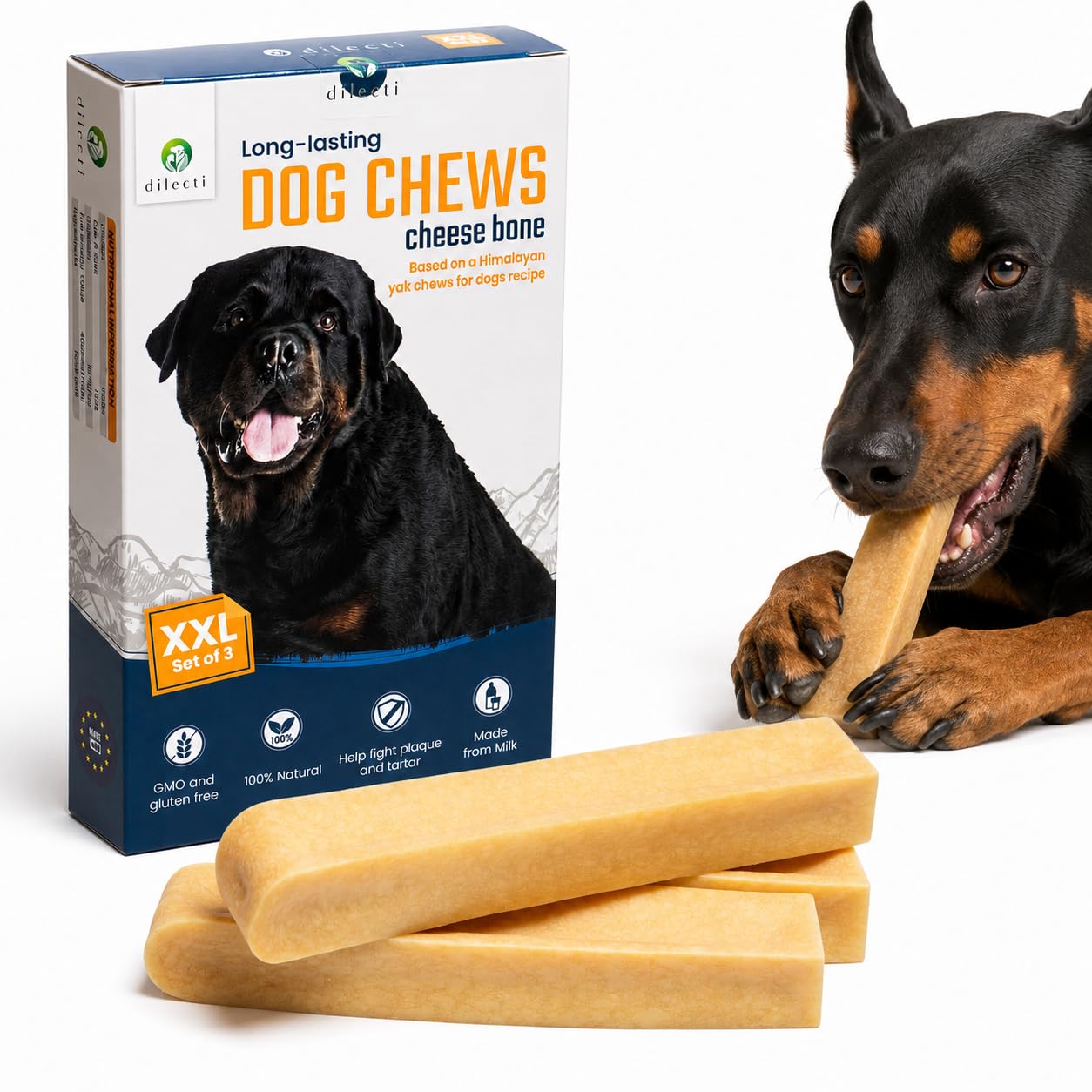 Dilecti Kaukäse XXL für Hunde – 100% Hartkäse, Zahnpflege & Langanhaltender Kausnack (3er-Pack)