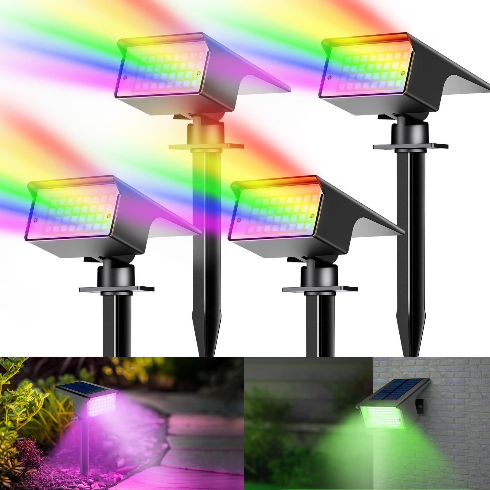 kolpop 4er Set RGB Solar Strahler – 7 Farbmodi, 800 LM, IP65 wasserdicht für Garten