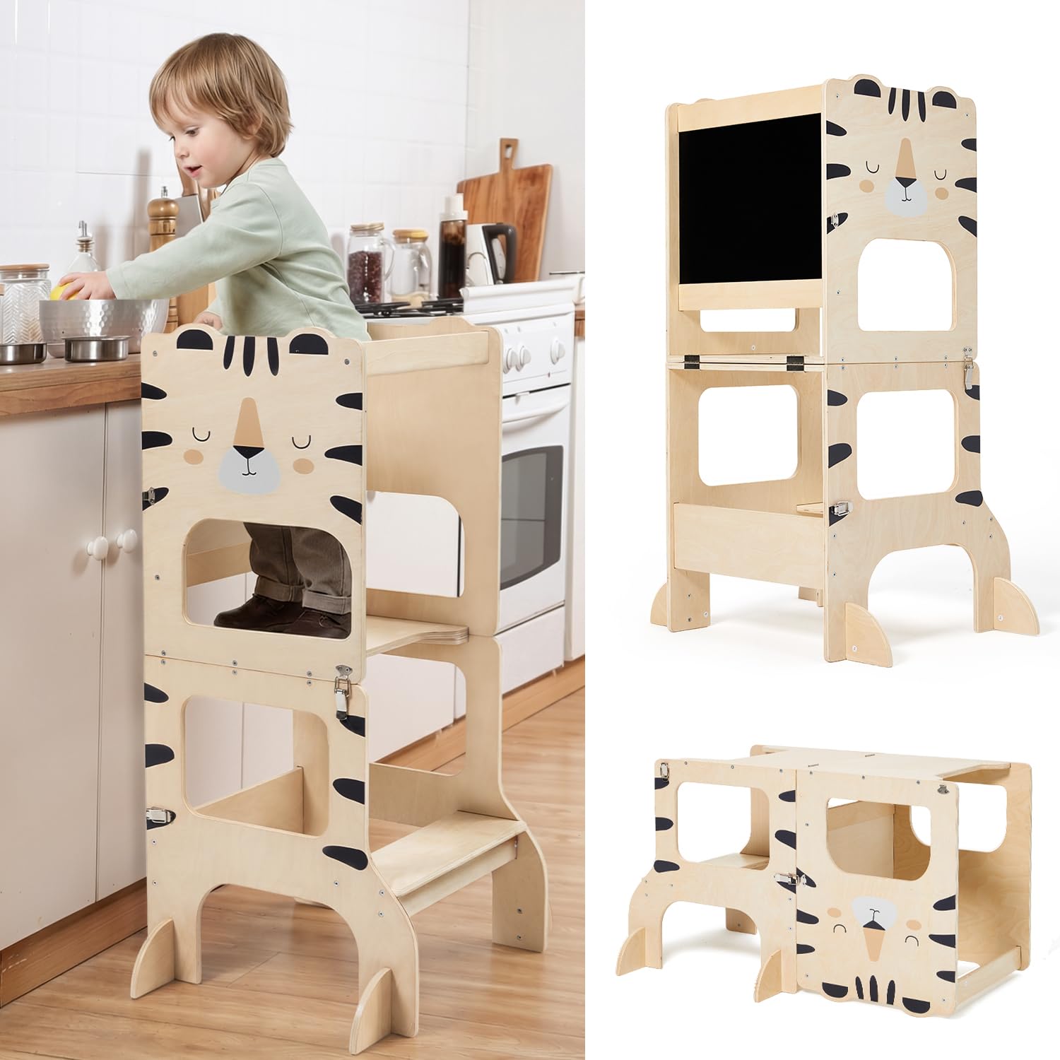 labebe Lernturm klappbar 3 in 1 – Montessori Learning Tower mit Kreidetafel ab 1 Jahr