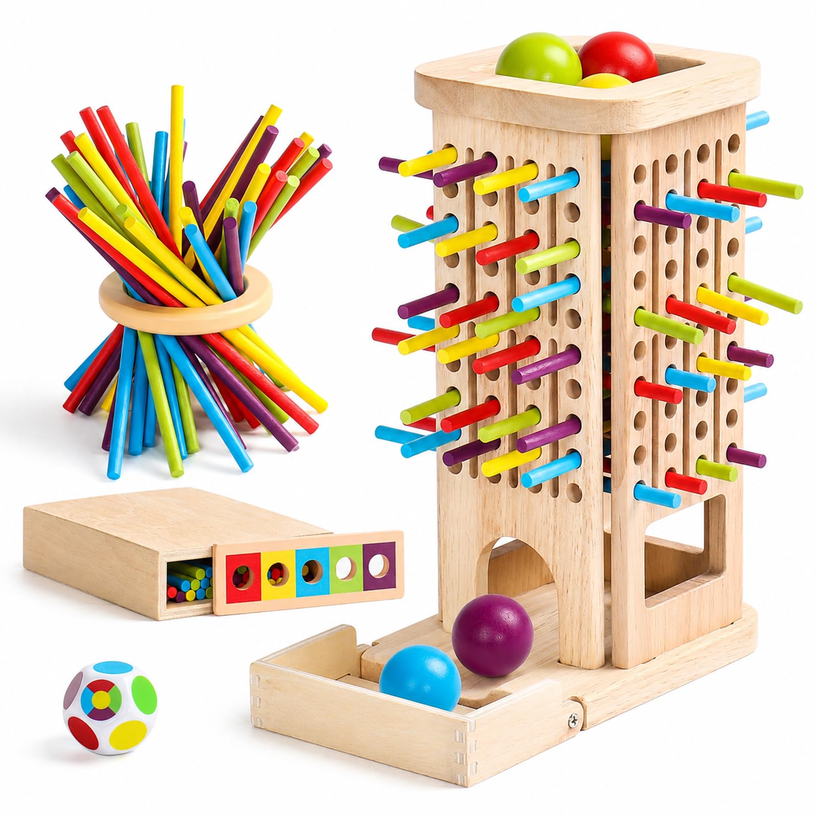 Akokie Montessori Holzspielzeug ab 3 Jahren – 40 Stäbe mit 3 Spielmöglichkeiten