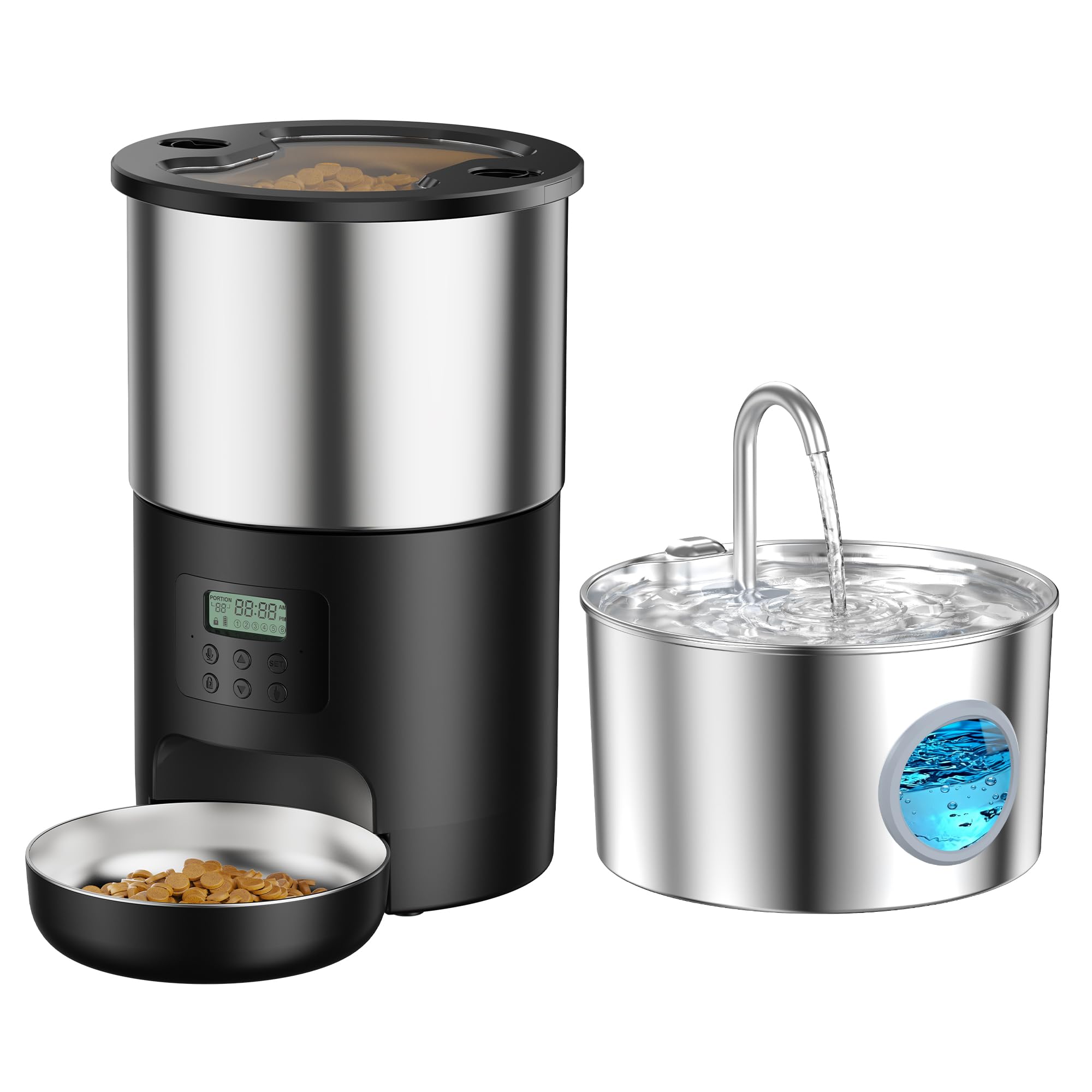 71mp4KzIlIL._SY2000_.jpg VOUAAOOD 2-in-1 Katzenbrunnen & Futterautomat Edelstahl – 5L & 2,2L mit Timer – Bild 1