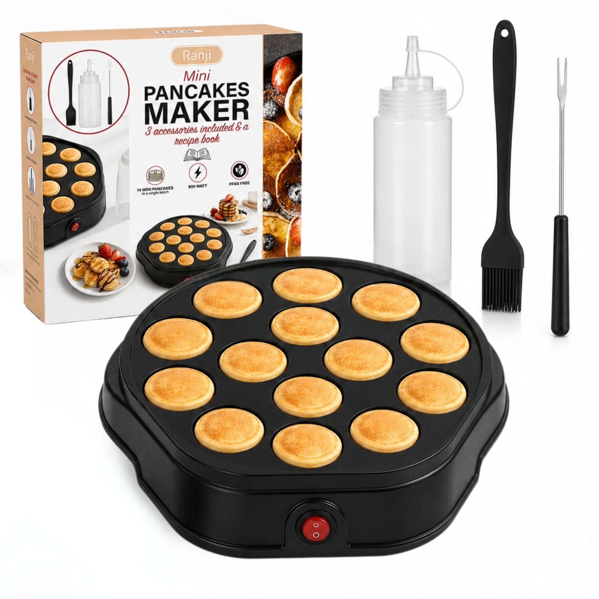 RANJI Pancake Maker 800 W – Elektrische Maschine für 14 Mini Pancakes mit Antihaftbeschichtung