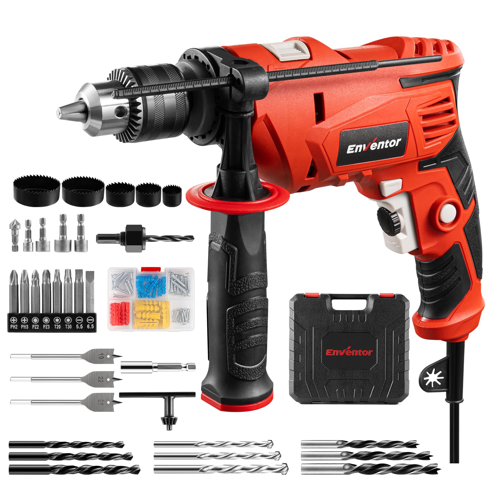 Enventor Schlagbohrmaschine 900W mit 2-in-1 Funktion & 36 Zubehörteile – Profi-Bohrmaschine für Beton, Metall und Holz
