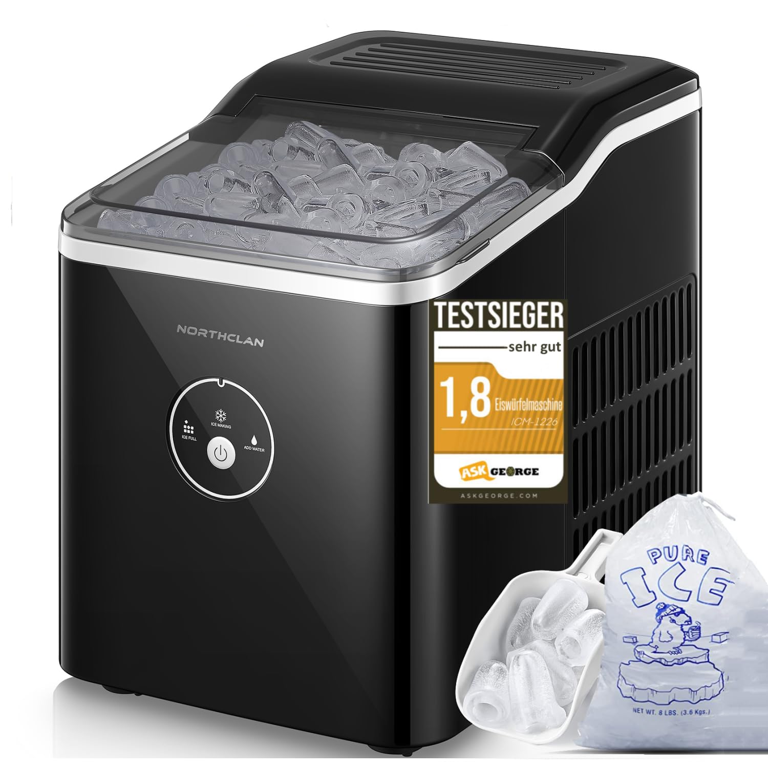 NORTHCLAN Eiswürfelmaschine 14kg – Kugelförmige Eiswürfel in 6 Minuten für Zuhause & Büro