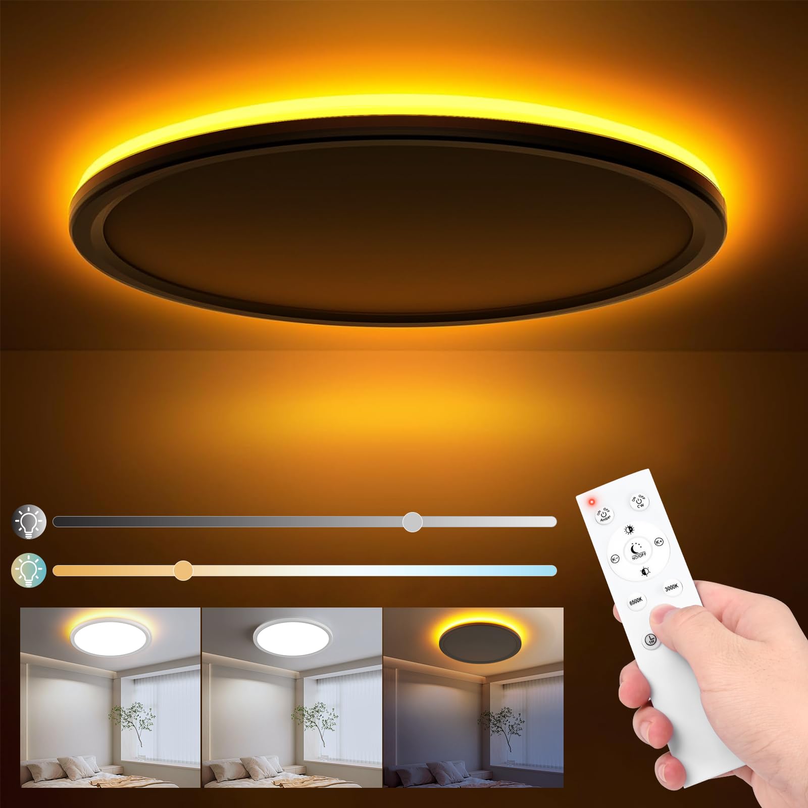 Birnetek® LED-Deckenlampe 24W rund – Dimmbar 3000K–6500K mit Nachtlicht & Fernbedienung