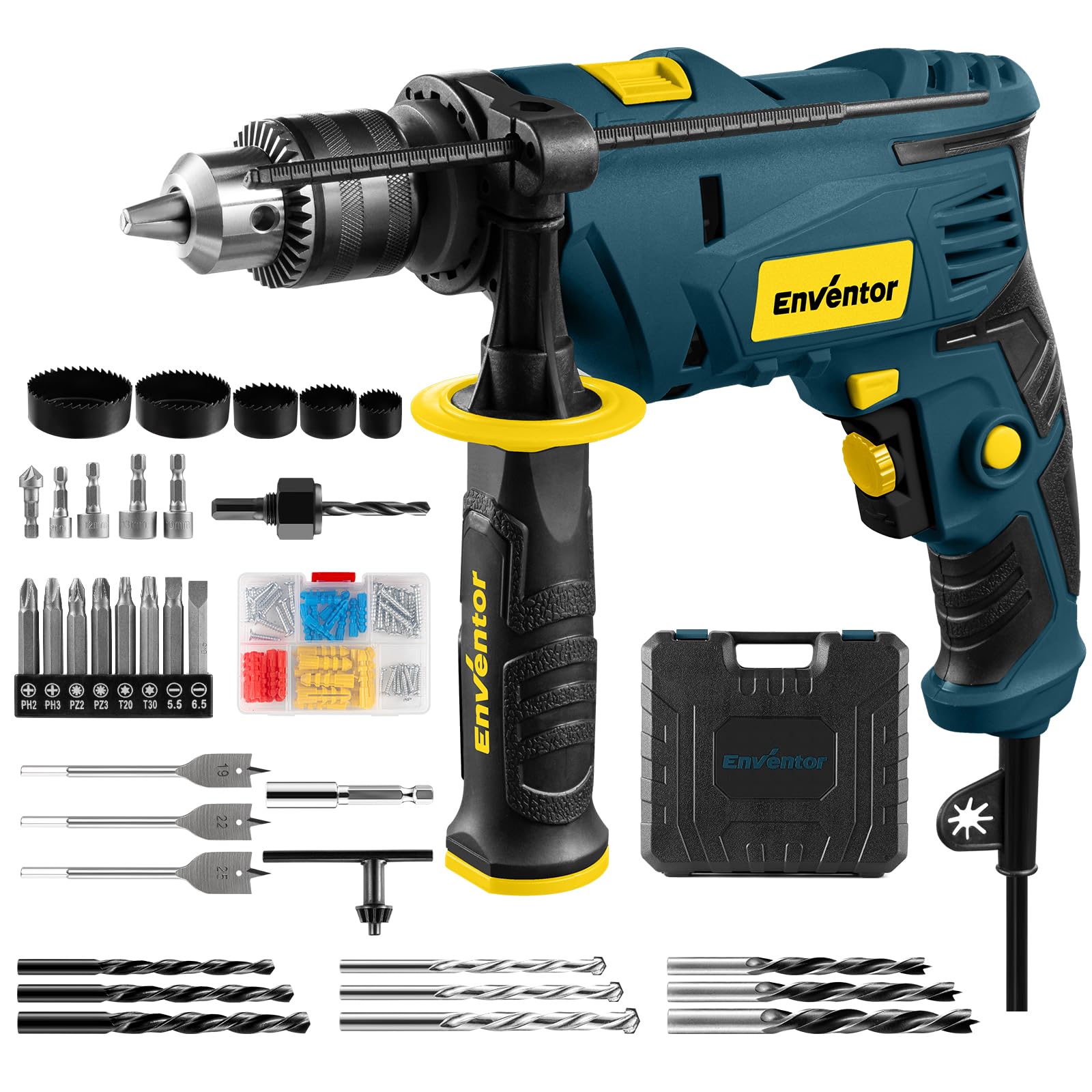 Enventor Schlagbohrmaschine 900W – 2-in-1 Bohrhammer mit 36 Zubehörteilen & 360° Griff
