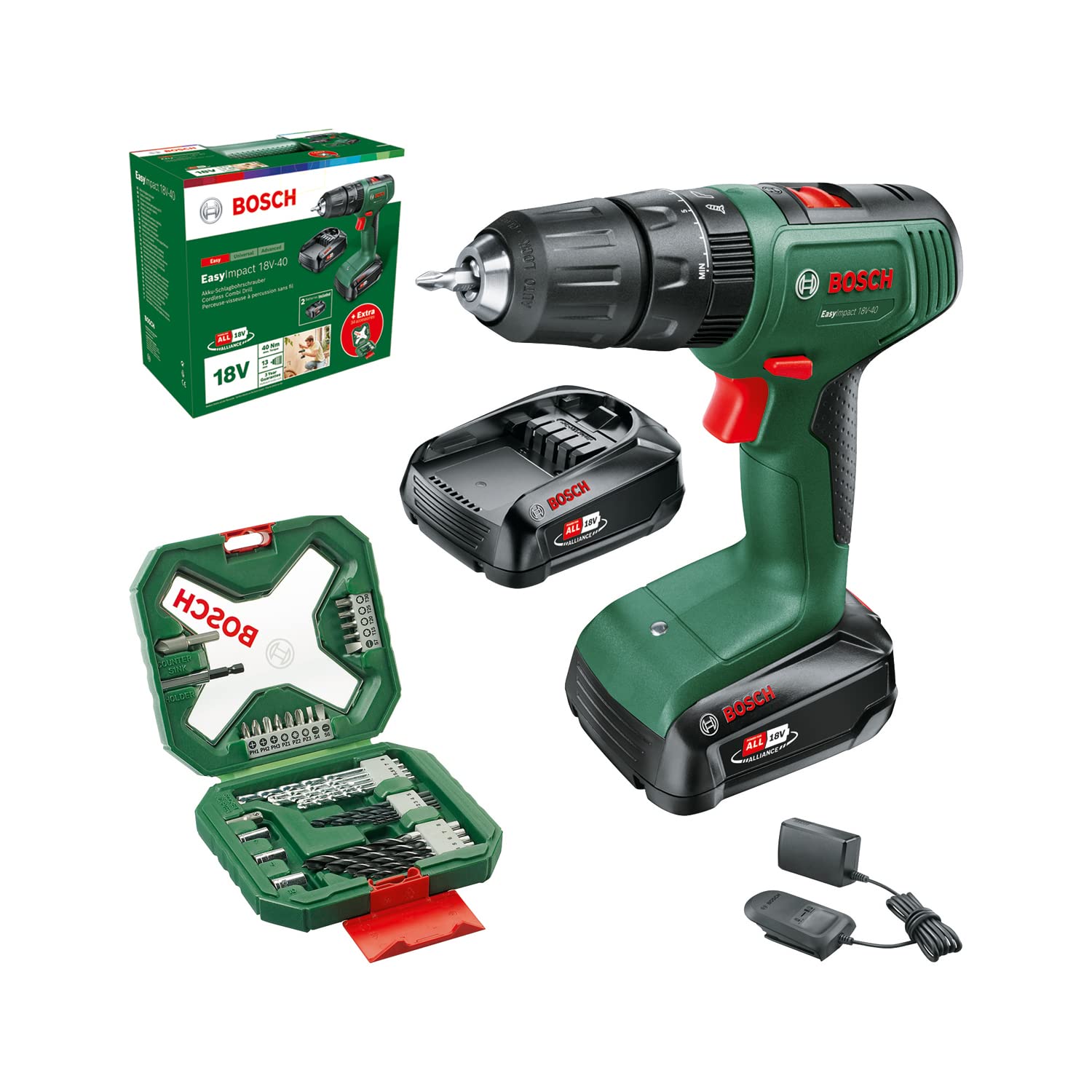 Bosch EasyImpact 18V-40 Akku-Schlagbohrschrauber – 2x2,0 Ah + 34-tlg. Set