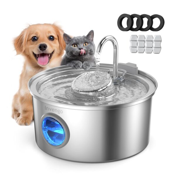 Invengo Katzenbrunnen Edelstahl 3.2L – Ultra-leiser Trinkbrunnen mit 5-Fach Filtersystem