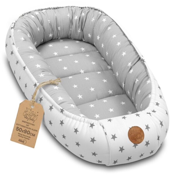 Babynest 90 x 50 cm mit Tragegriff – Weiches Kuschelnest für Neugeborene Sternchen Grau-Weiss